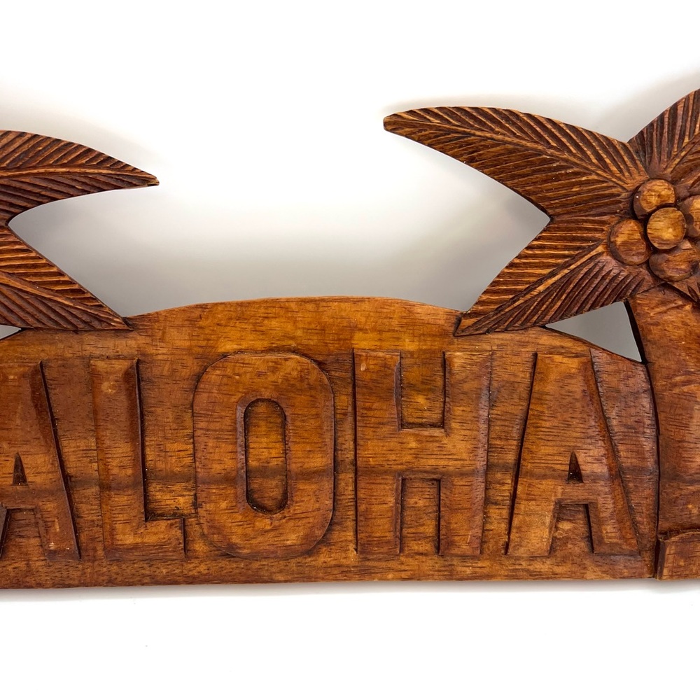 Hawaiian Aloha Hand Made Wall Hanging Decor Plaque Wood Carving Sign Palm Tree - Picture 3 of 8